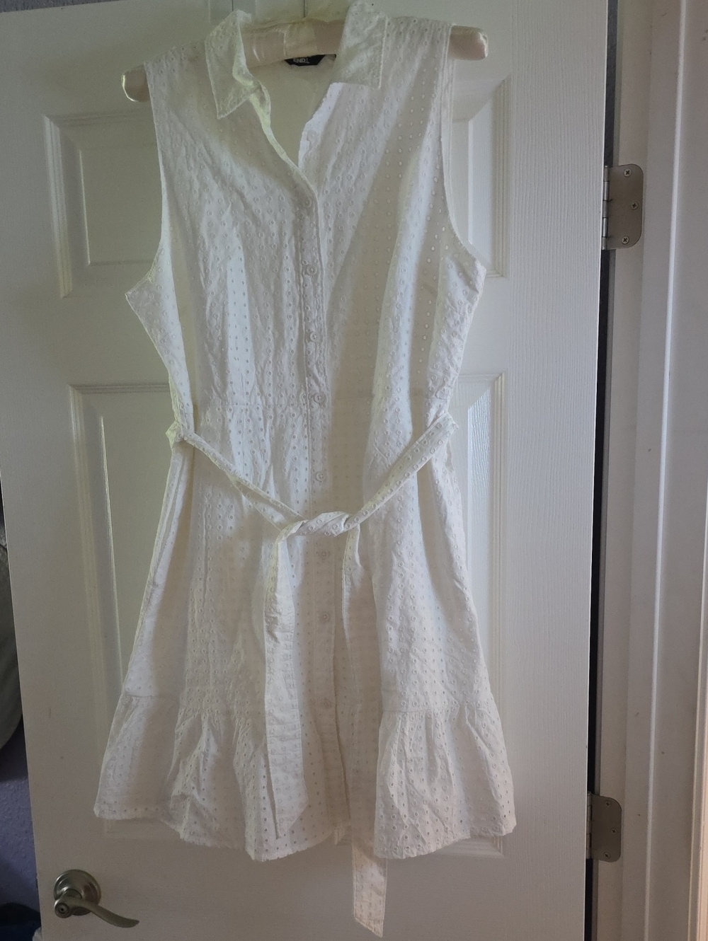 Lands' End White Sleeveless Eyelet Tie-Waist Mini Dress